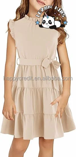 LEZONKIDS - 2024 Hot Sale Casual Ruffle Sleeve Plain Tiered Pleated Party Midi Dress with Belt for Girls